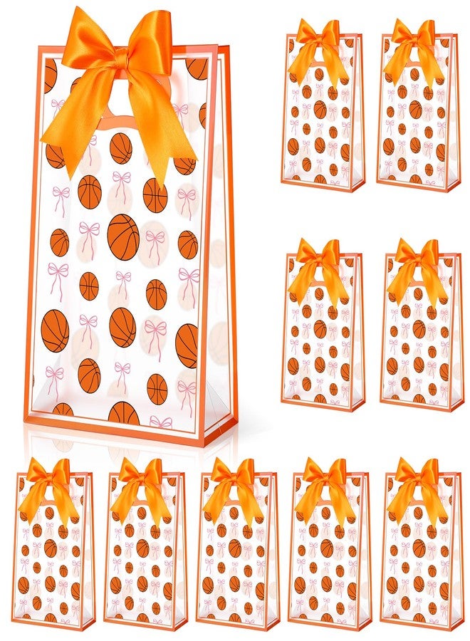 giftlyze 12 Pcs Basketball Clear Goodie Bag with Die Cut Handles and Ribbons Sport Theme Party Favor Bags for Basketball Team Snack Wrapping Teamer Gifts Birthday Party Treats Supplies, 7x10x3.15 Inch - Image 1